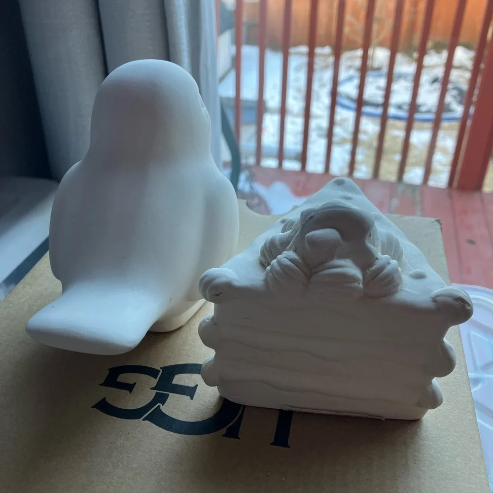 Unpainted bisque ceramic unfinished bird and strawberry cake figurines pottery
